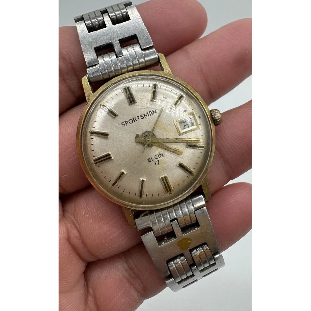 Vintage Elgin Sportsman 17 Jewel Manual Wind Watch Gold Tone Date for Parts